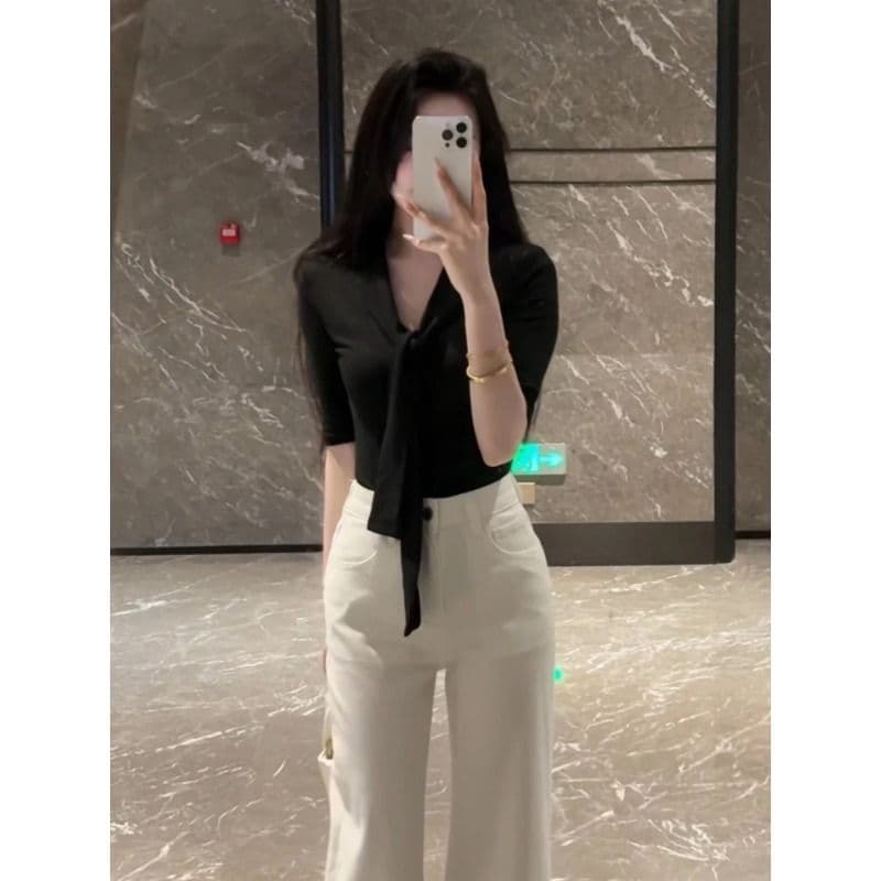 프랑스식 V넥 화이트 칼라 바람 리본 검정색 반팔 얼음 실크 니트 스웨터 여성 몸매 가꾸기 슬림해 보이는 디자인 센스 맨위 티셔츠 여름 이미지 2