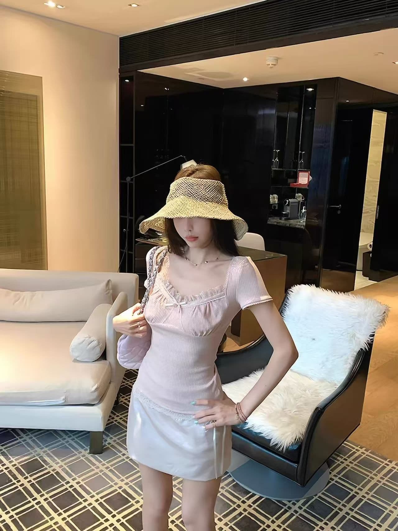 핑크색 나비 매듭 레이스 측면 광장 칼라 반팔 티셔츠 여성 여름 순수한 욕망 달콤한 핫걸 작은 맨위 자이언트 잘 생긴 아름다운 상세 이미지 2