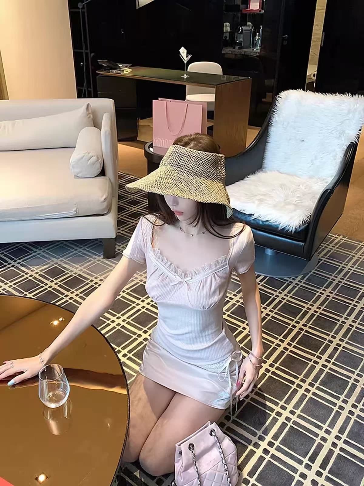 핑크색 나비 매듭 레이스 측면 광장 칼라 반팔 티셔츠 여성 여름 순수한 욕망 달콤한 핫걸 작은 맨위 자이언트 잘 생긴 아름다운 상세 이미지 3