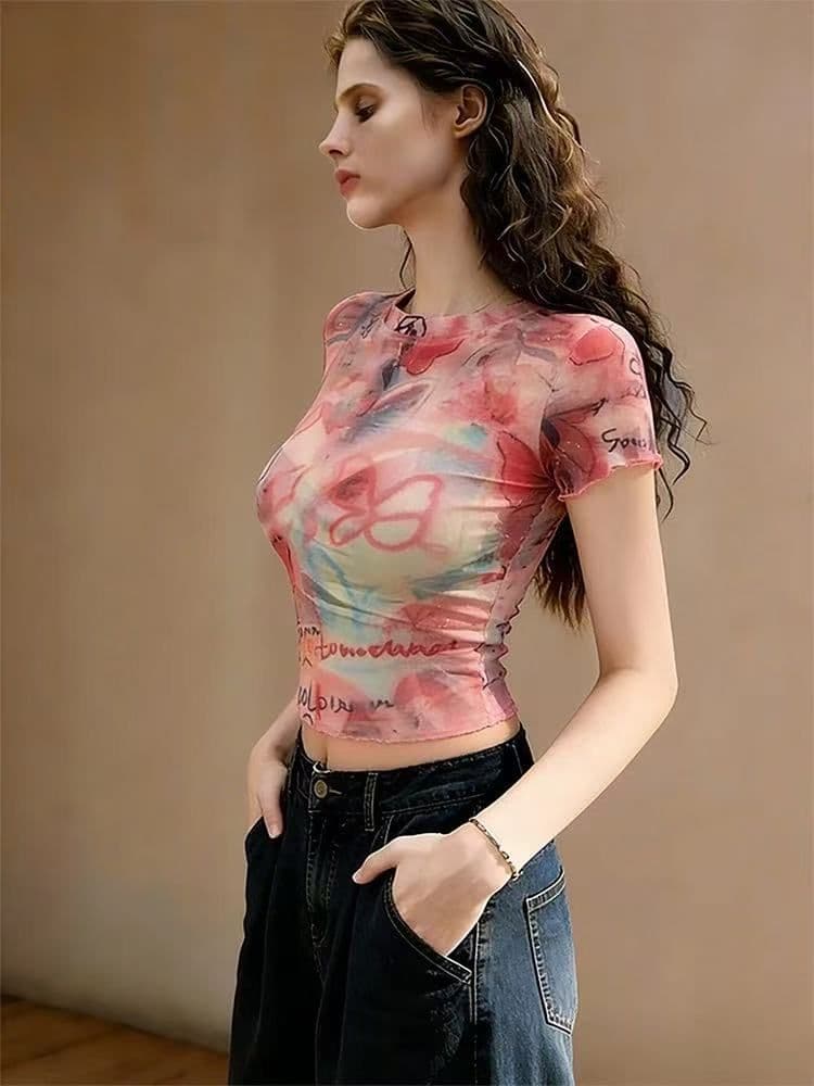 달콤한 차가운 바람 나비 프린트 망사 반팔 티셔츠 여성 여름 디자인 센스 시스루 몸매 가꾸기 슬림해 보이는 핫걸 쇼트 스타일 맨위 상세 이미지 3