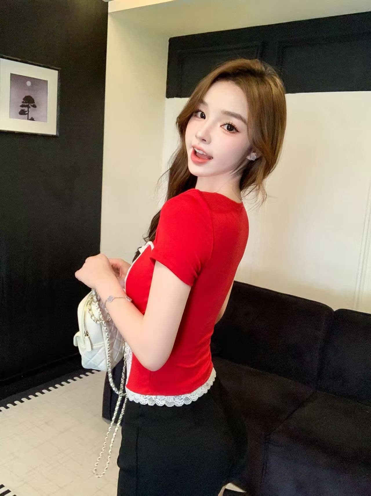 핫걸 섹시함 레이스 쇼트 스타일 티셔츠 여성 여름 한국 스타일 몸매 가꾸기 슬림해 보이는 디자인 센스 작은 대중 Chic 고유 한 맨위 상세 이미지 7