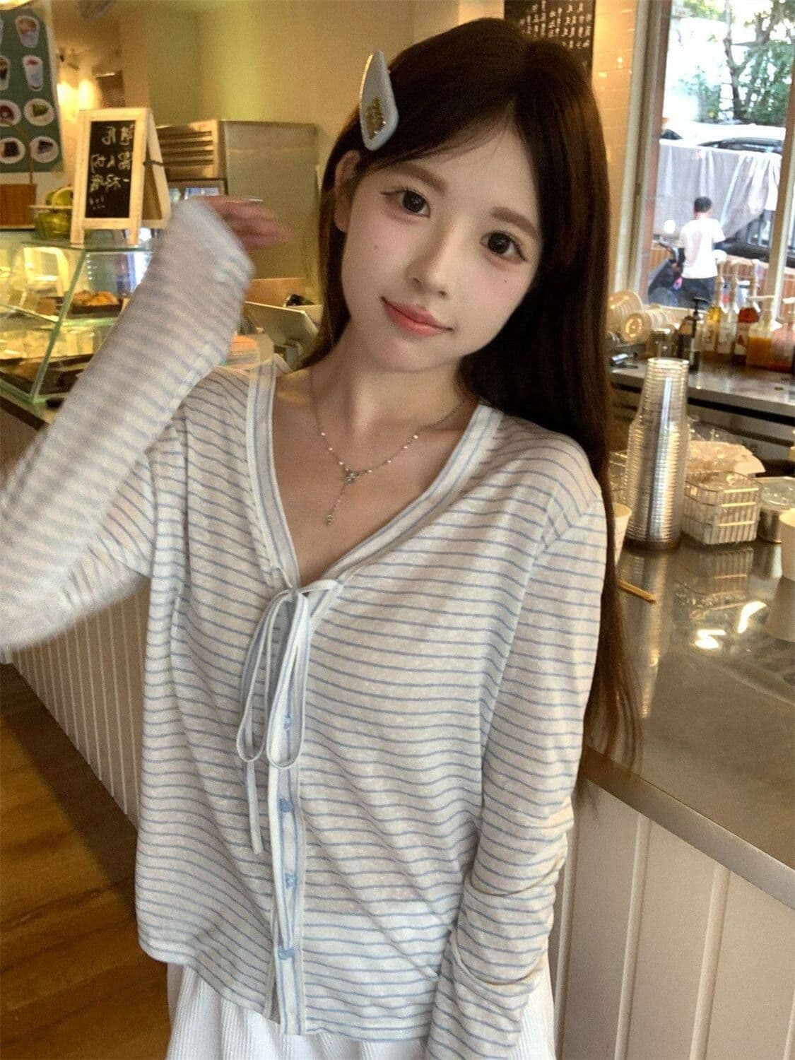 주간 실크 눈꽃 컬러 짜임 스트라이프 긴팔 오픈 가디건 티셔츠 여성 얇은 스타일 마이크로 ~을 통해 루즈핏 자외선 차단 블라우스 맨위 상세 이미지 1
