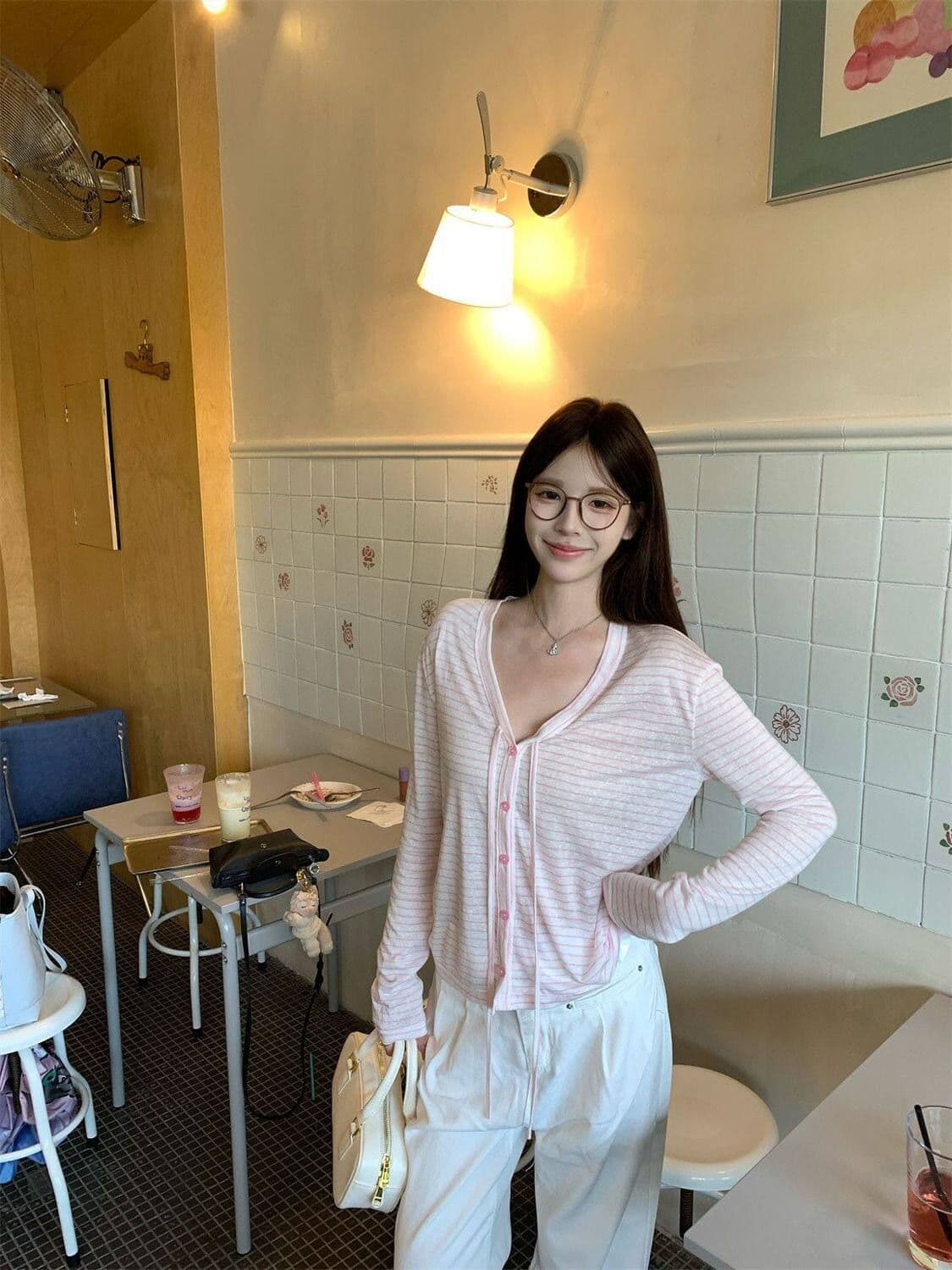 주간 실크 눈꽃 컬러 짜임 스트라이프 긴팔 오픈 가디건 티셔츠 여성 얇은 스타일 마이크로 ~을 통해 루즈핏 자외선 차단 블라우스 맨위 상세 이미지 6