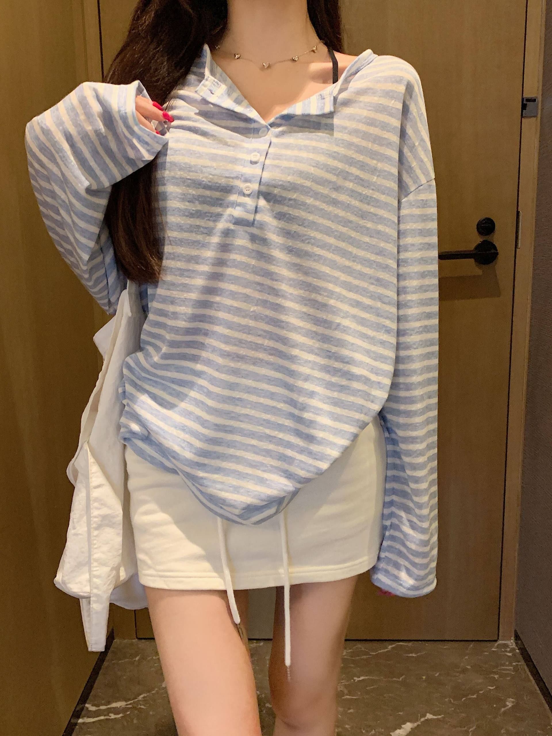 모방 면 눈꽃 면 스트라이프 긴팔 티셔츠 여성 여름 새로운 루즈핏 슬림해 보이는 캐주얼 자외선 차단 블라우스 이미지 4