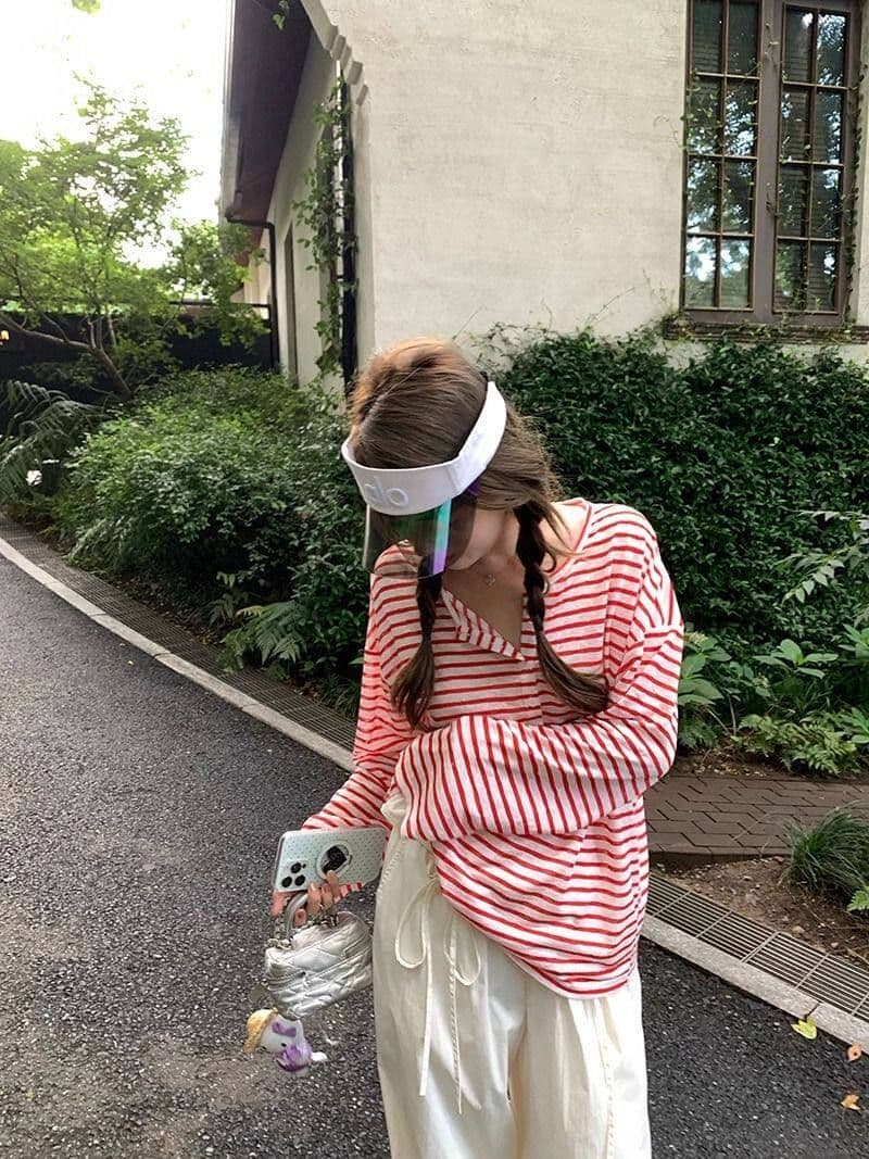 모방 면 눈꽃 면 스트라이프 긴팔 티셔츠 여성 여름 새로운 루즈핏 슬림해 보이는 캐주얼 자외선 차단 블라우스 상세 이미지 5
