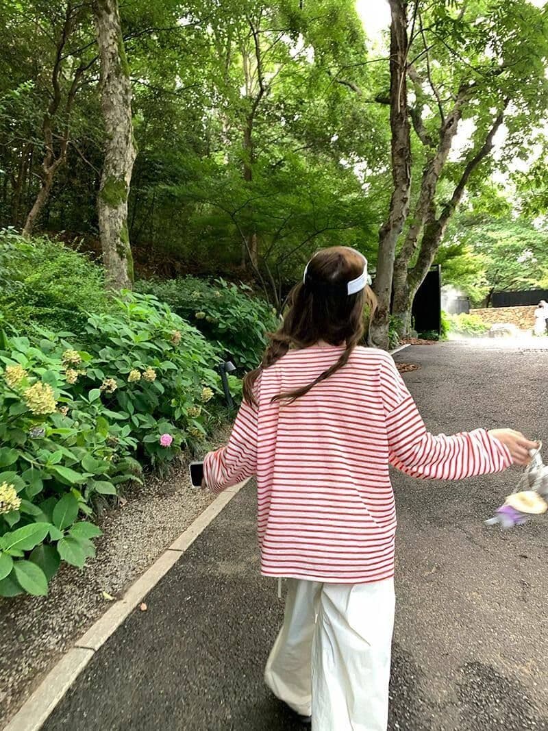 모방 면 눈꽃 면 스트라이프 긴팔 티셔츠 여성 여름 새로운 루즈핏 슬림해 보이는 캐주얼 자외선 차단 블라우스 상세 이미지 6