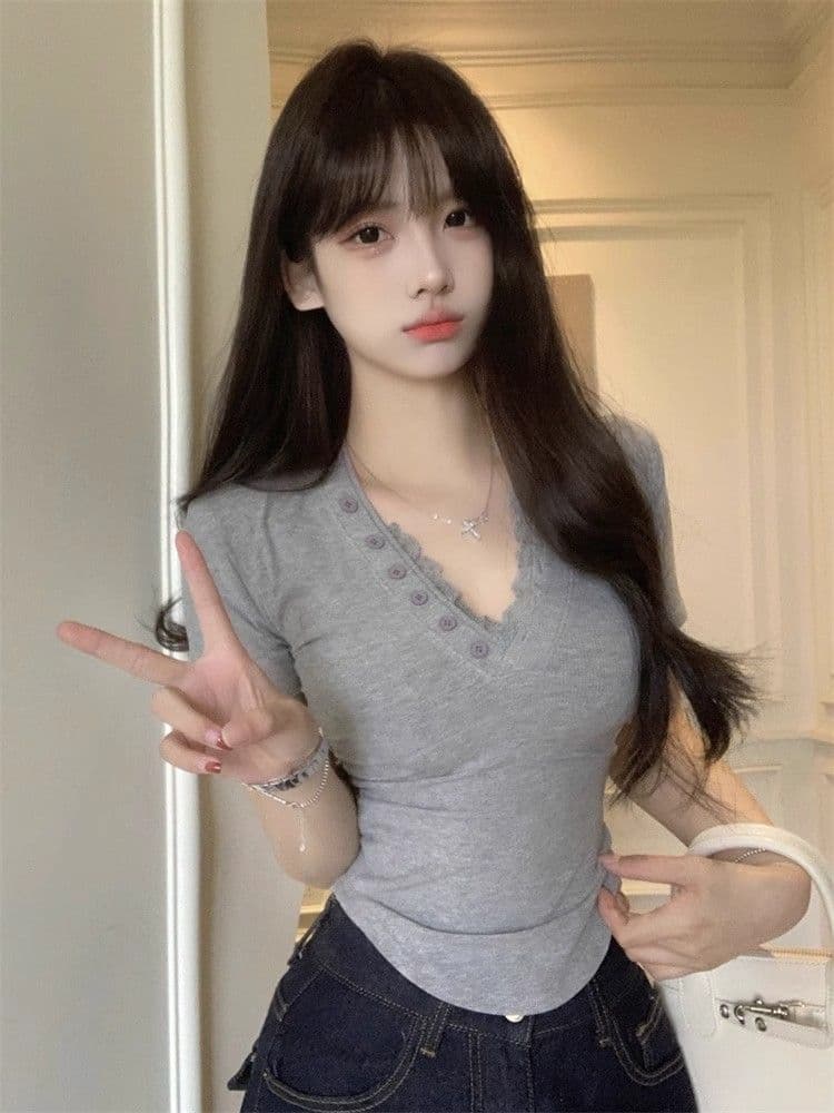 레이스 조각 섹시함 V넥 반팔 티셔츠 여성 여름 몸매 가꾸기 허리 수축 순수한 욕망 회색 타이트 슬림해 보이는 만나는 맨위 이미지 4
