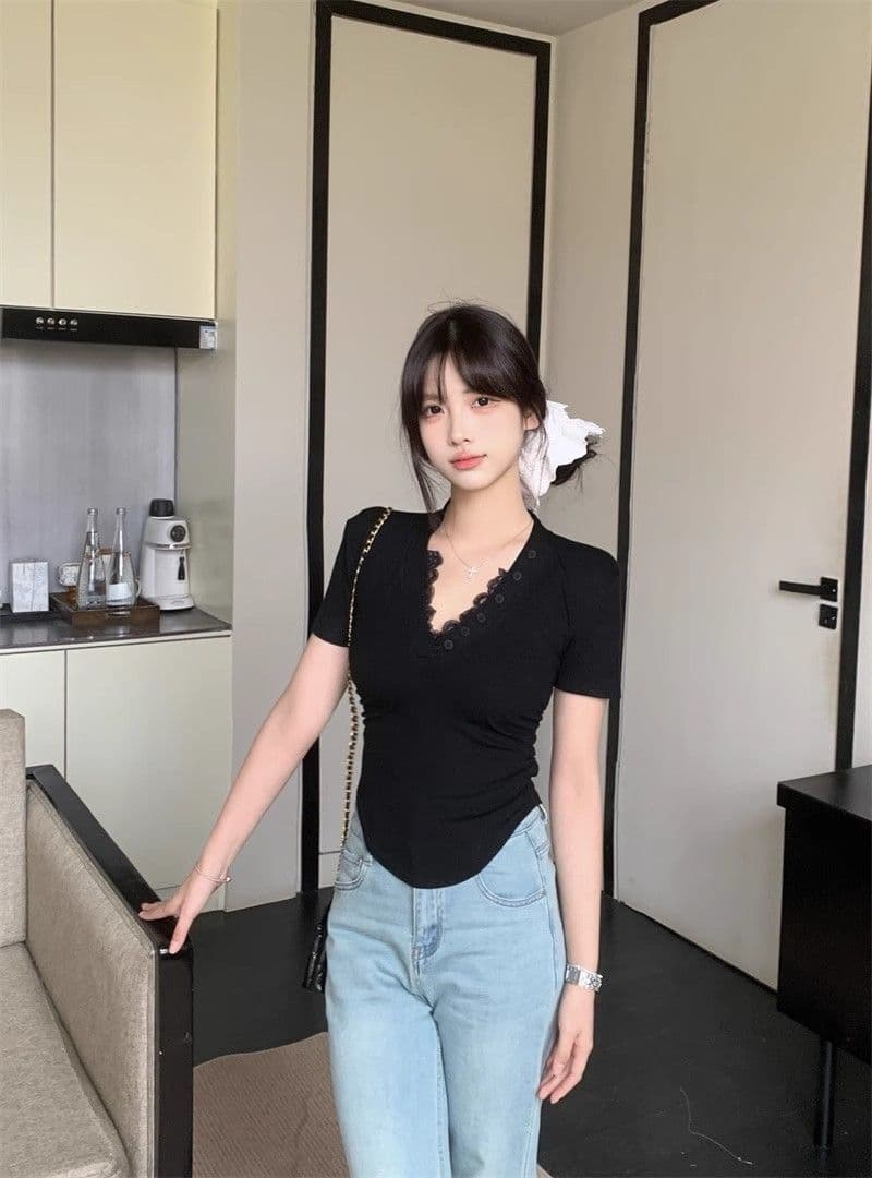 레이스 조각 섹시함 V넥 반팔 티셔츠 여성 여름 몸매 가꾸기 허리 수축 순수한 욕망 회색 타이트 슬림해 보이는 만나는 맨위 상세 이미지 4