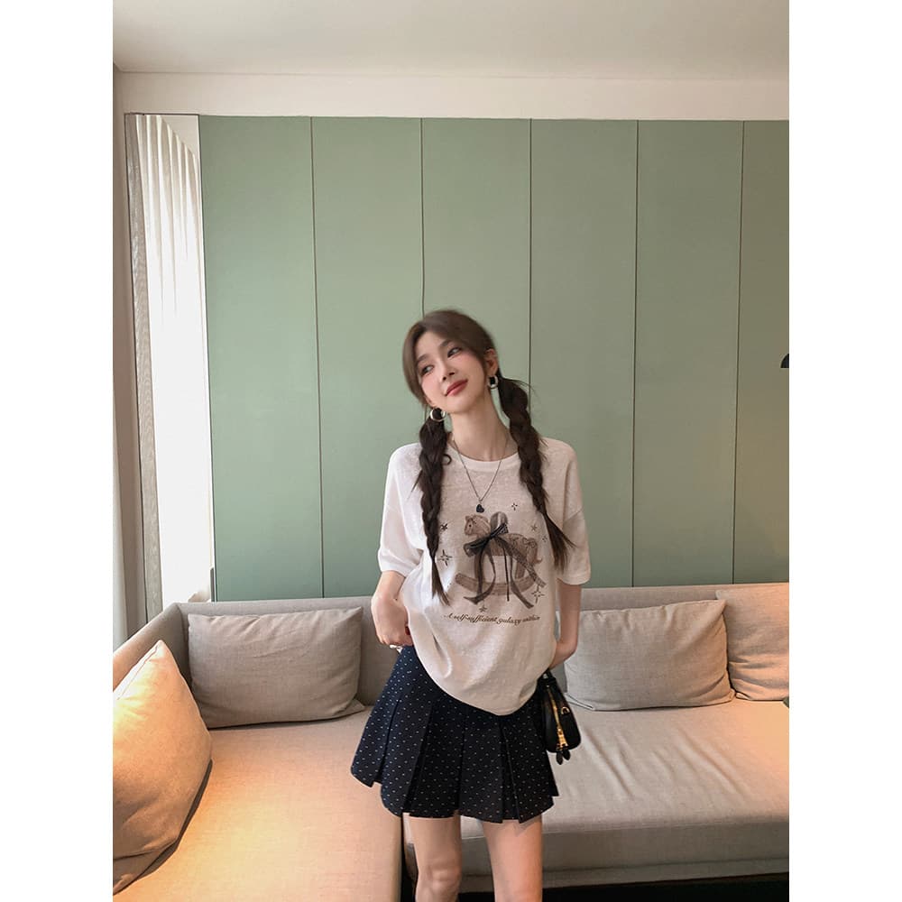 라이 경기 서울 눈꽃 레이스 나비 매듭 리본 트로이 목마 프린트 t 얇은 스타일 슬림해 보이는 라운드 넥 가을 어깨 반팔 맨위 여성