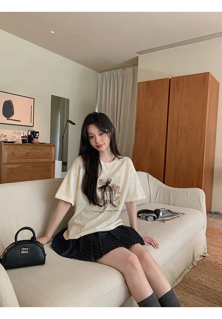 라이 경기 서울 눈꽃 레이스 나비 매듭 리본 트로이 목마 프린트 t 얇은 스타일 슬림해 보이는 라운드 넥 가을 어깨 반팔 맨위 여성 상세 이미지 11