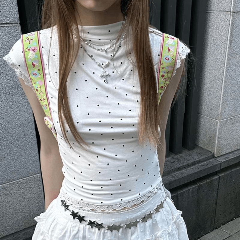 40 순면 92 면 8 암모니아 Lun 260 그램 순수한 욕망 레이스 조각 도트 무늬 반팔 티셔츠 여성 여름 몸매 가꾸기 상세 이미지 5