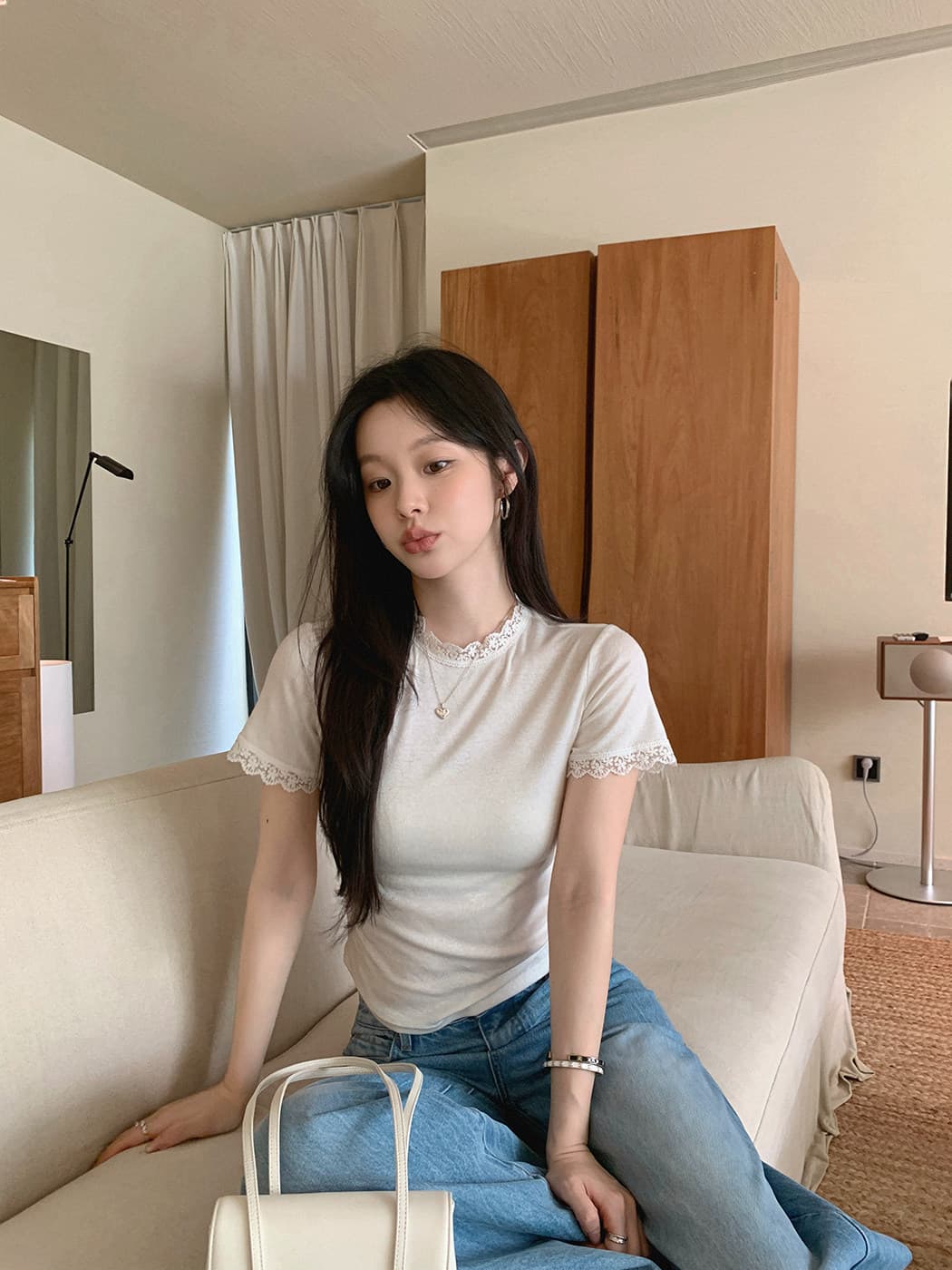 장 베이 베이 ibell 레이스 측면 패치워크 달콤함 연령 감소 몸매 가꾸기 라운드 넥 반팔 이미지 3