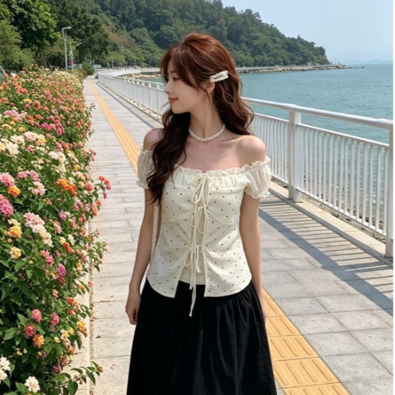 한 부서 부드러운 몸매 가꾸기 페이크 레이어드 도트 무늬 프린트 동점 벨트 리본 맨위 2026 여름 새로운 이미지 5