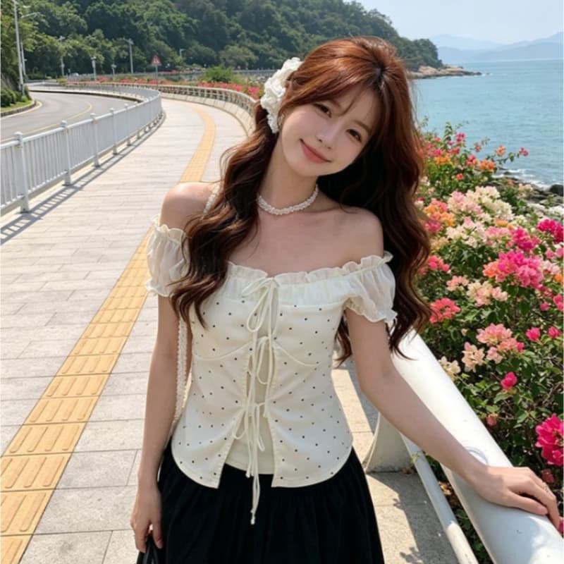 한 부서 부드러운 몸매 가꾸기 페이크 레이어드 도트 무늬 프린트 동점 벨트 리본 맨위 2026 여름 새로운 상세 이미지 5