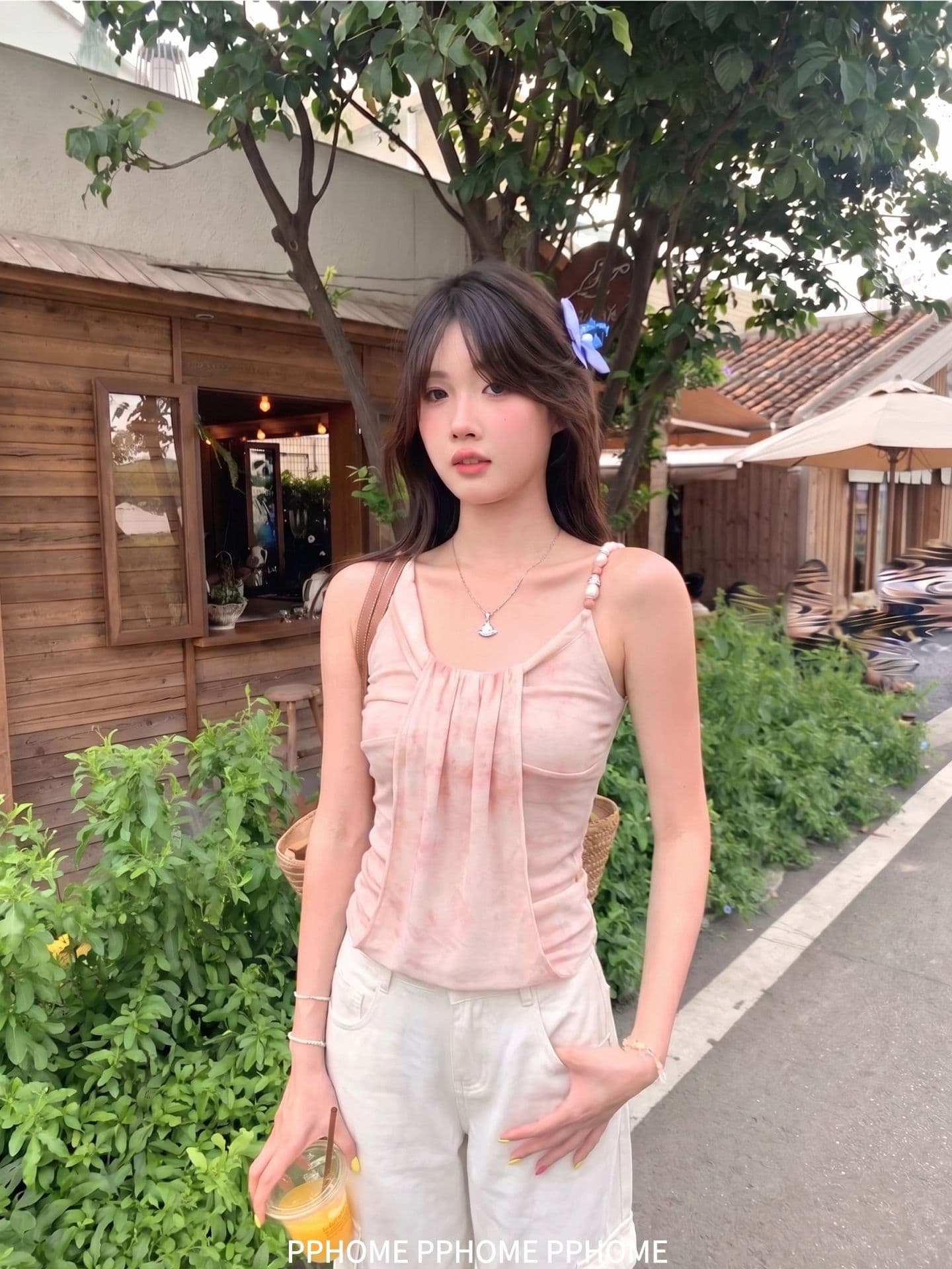 여름 핑크색 홀치기 염색 민소매 맨위 여성 t 필요 Chic 다용도 일상 미니멀리즘 없음 가슴 패드 비즈 조끼 달콤함 이미지 3