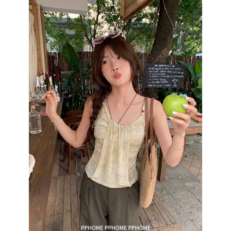 여름 핑크색 홀치기 염색 민소매 맨위 여성 t 필요 Chic 다용도 일상 미니멀리즘 없음 가슴 패드 비즈 조끼 달콤함 상세 이미지 3
