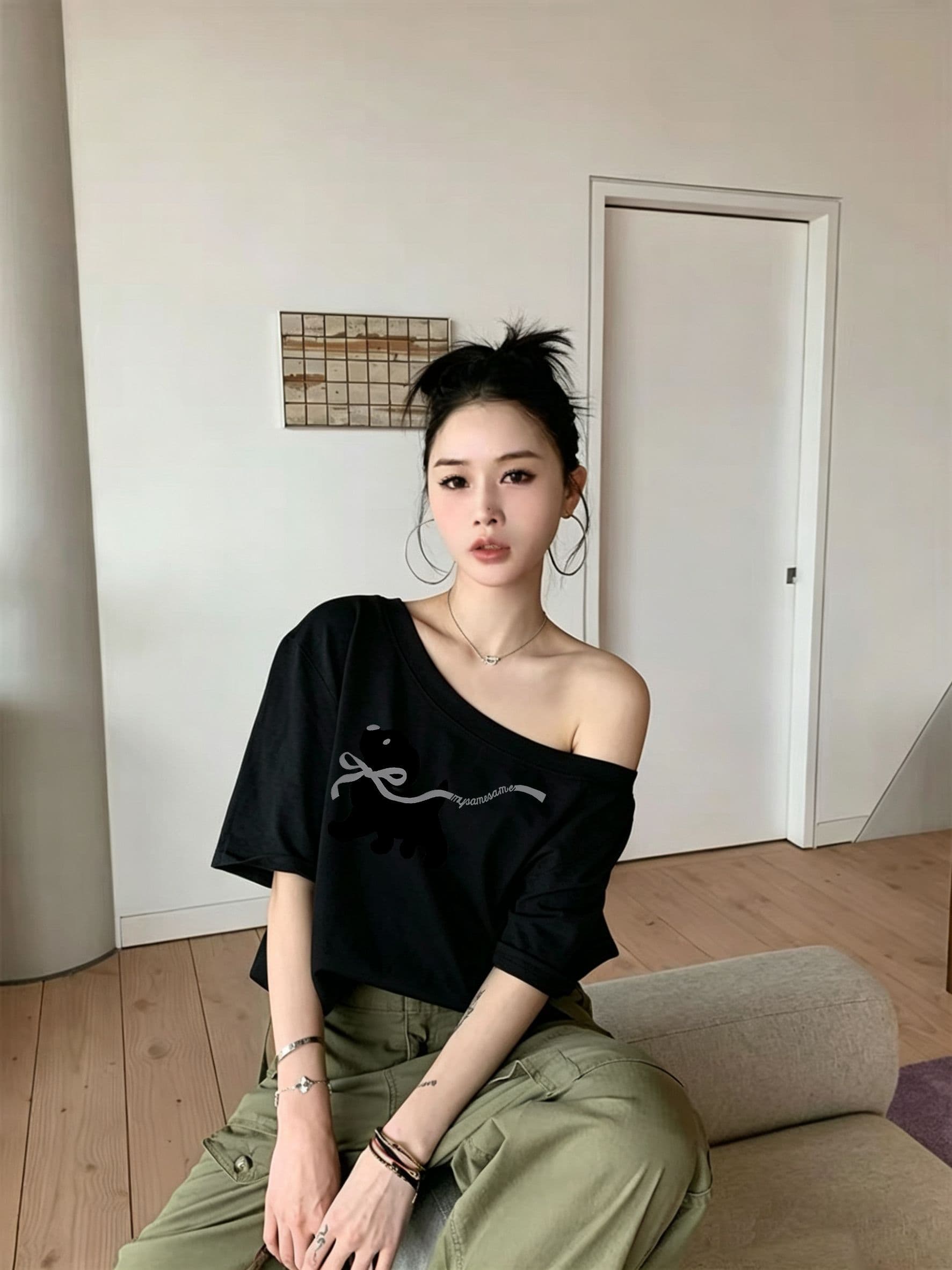 92 면 8 암모니아 Lun 220 그램 3 순수한 욕망 오프숄더 반팔 티셔츠 슬림해 보이는 핫걸 디자인 센스 맨위 상세 이미지 6