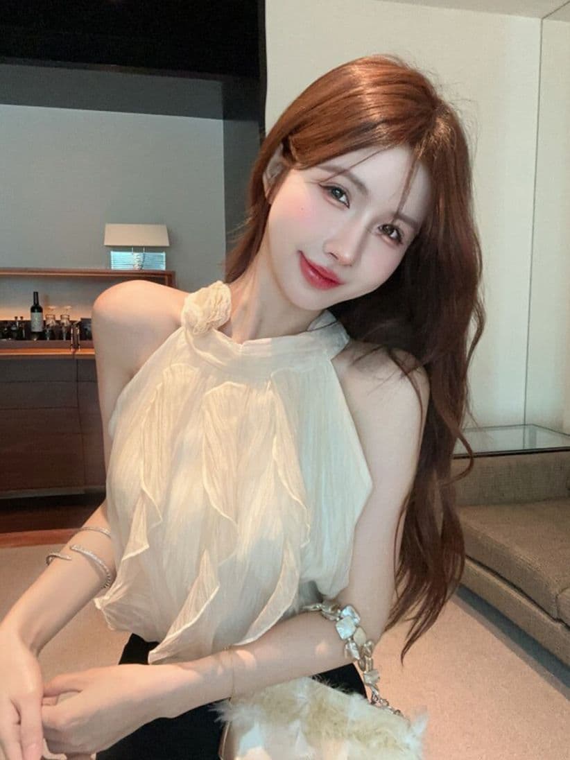 프랑스식 부드러운 아름다운 3 차원 꽃 Chic 오프숄더 민소매 맨위 달콤한 매운맛 행침 목 여름 살구 색상 시폰 셔츠 여성 이미지 3