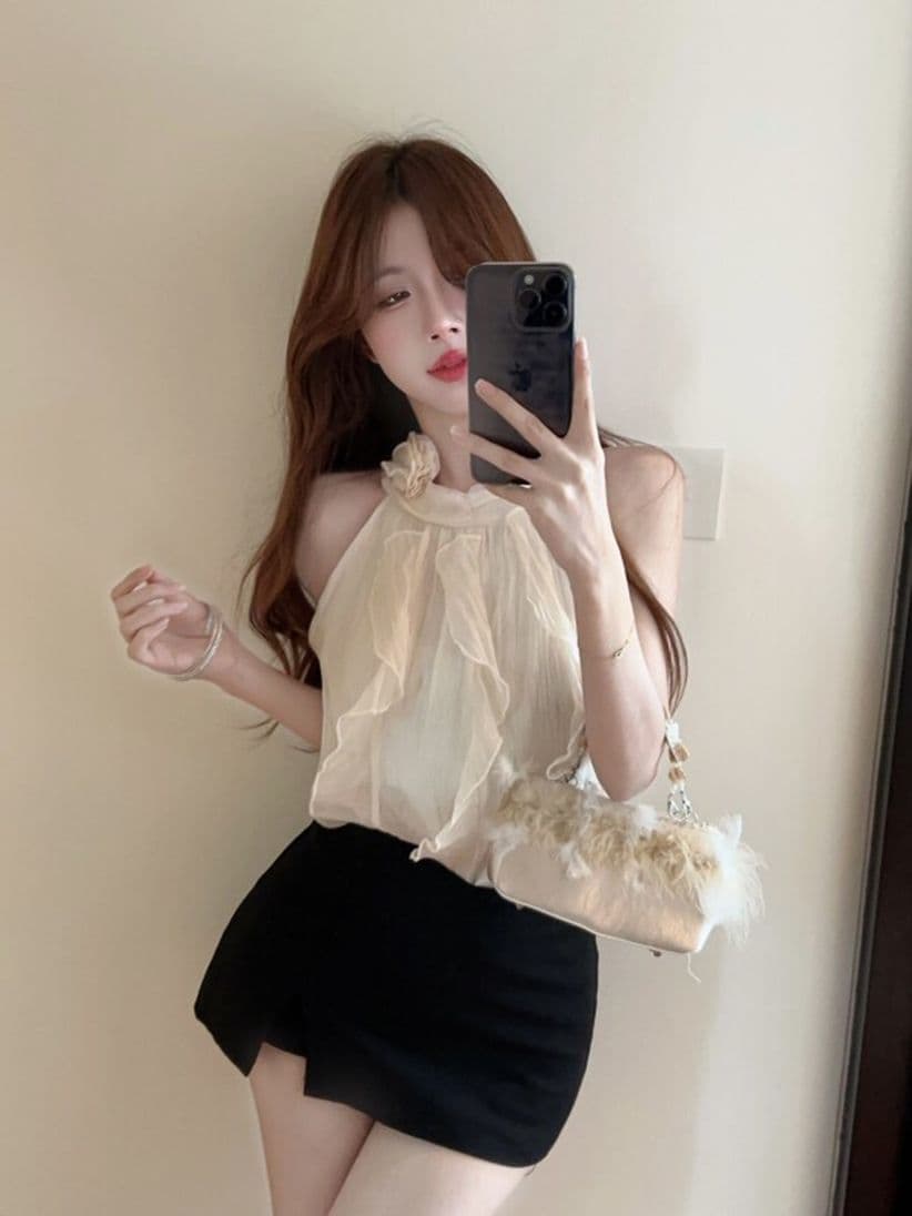 프랑스식 부드러운 아름다운 3 차원 꽃 Chic 오프숄더 민소매 맨위 달콤한 매운맛 행침 목 여름 살구 색상 시폰 셔츠 여성