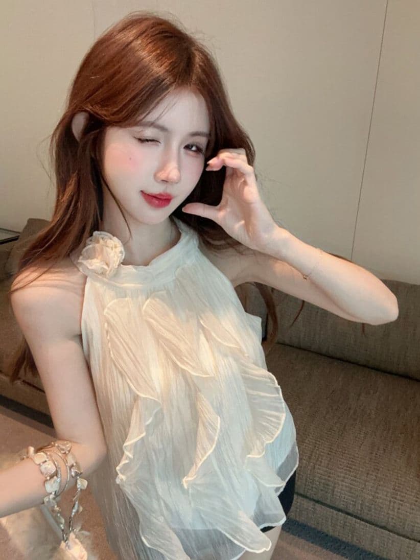 프랑스식 부드러운 아름다운 3 차원 꽃 Chic 오프숄더 민소매 맨위 달콤한 매운맛 행침 목 여름 살구 색상 시폰 셔츠 여성 상세 이미지 3