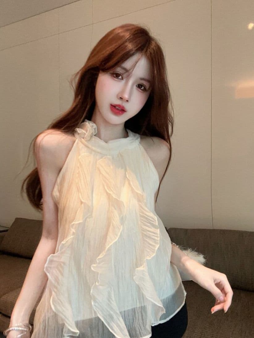 프랑스식 부드러운 아름다운 3 차원 꽃 Chic 오프숄더 민소매 맨위 달콤한 매운맛 행침 목 여름 살구 색상 시폰 셔츠 여성 상세 이미지 4