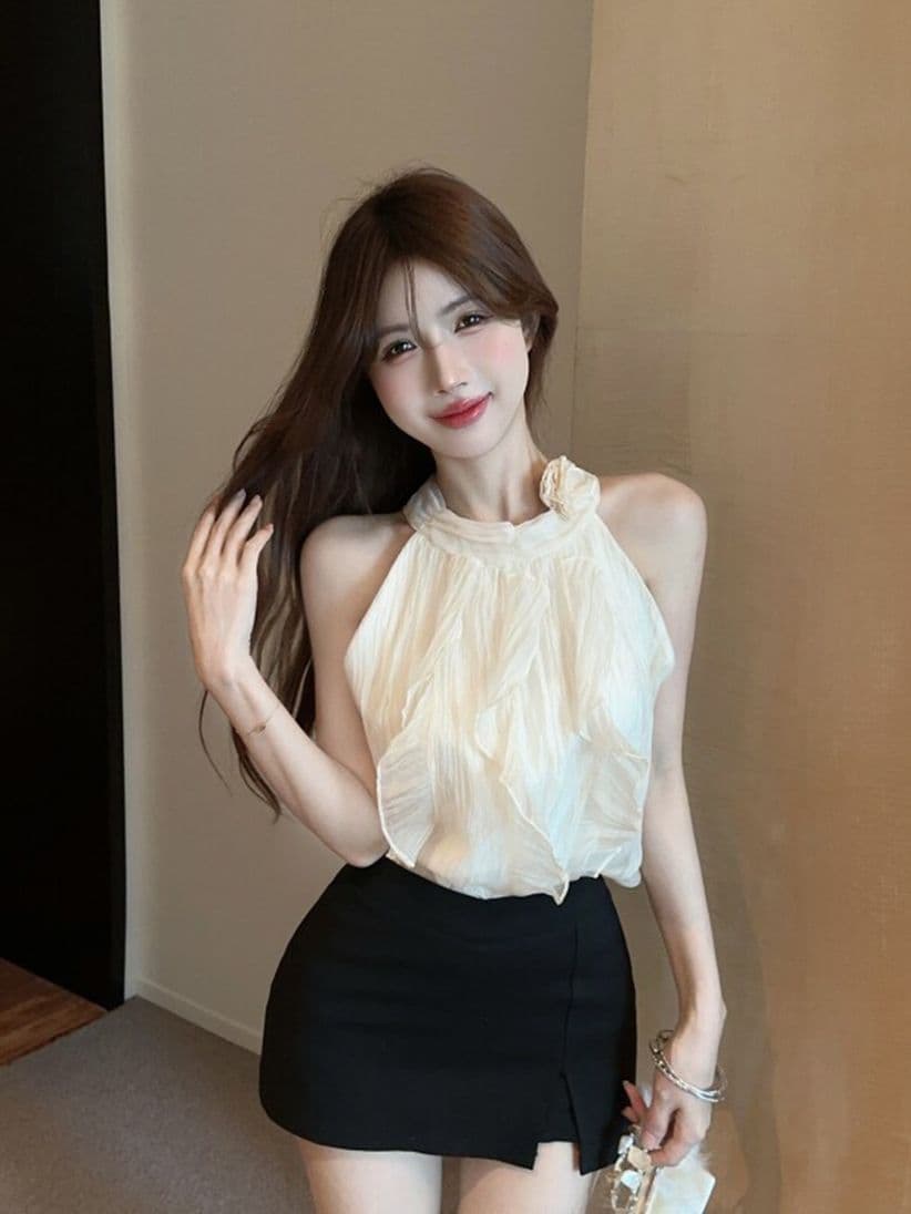 프랑스식 부드러운 아름다운 3 차원 꽃 Chic 오프숄더 민소매 맨위 달콤한 매운맛 행침 목 여름 살구 색상 시폰 셔츠 여성 상세 이미지 9