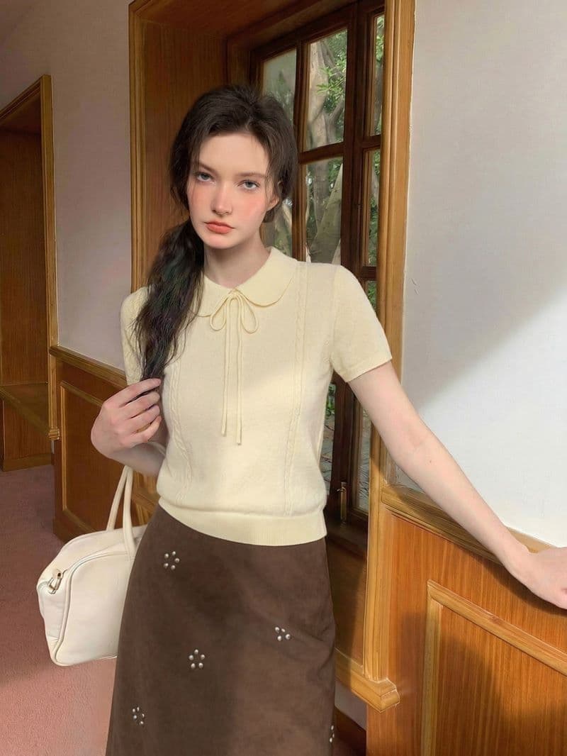 학원 스타일 베이비 칼라 칸 기사 긍정적 인 어깨 반팔 니트 스웨터 여성 여름 몸매 가꾸기 슬림해 보이는 패션 작은 대중 다용도 맨위 이미지 2