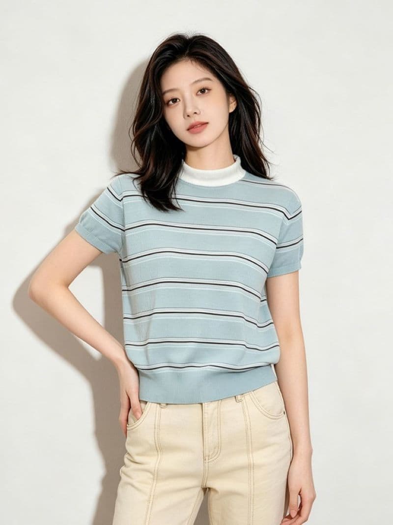 한 부서 배색 스트라이프 라운드 넥 반팔 니트 스웨터 여성 여름 새로운 몸매 가꾸기 슬림해 보이는 패션 캐주얼 다용도 맨위 이미지 2