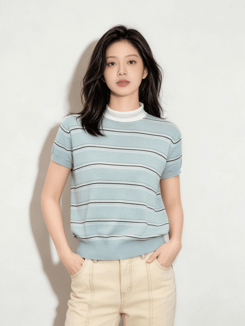 한 부서 배색 스트라이프 라운드 넥 반팔 니트 스웨터 여성 여름 새로운 몸매 가꾸기 슬림해 보이는 패션 캐주얼 다용도 맨위