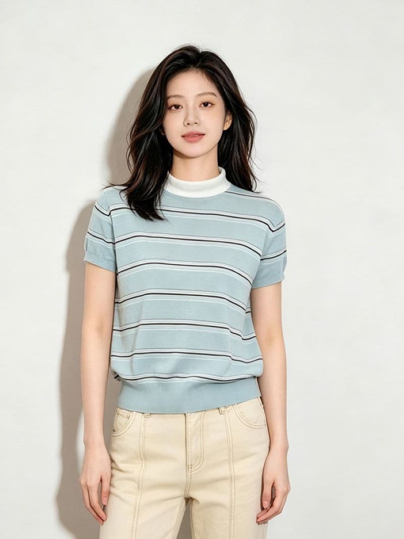 한 부서 배색 스트라이프 라운드 넥 반팔 니트 스웨터 여성 여름 새로운 몸매 가꾸기 슬림해 보이는 패션 캐주얼 다용도 맨위 상세 이미지 3