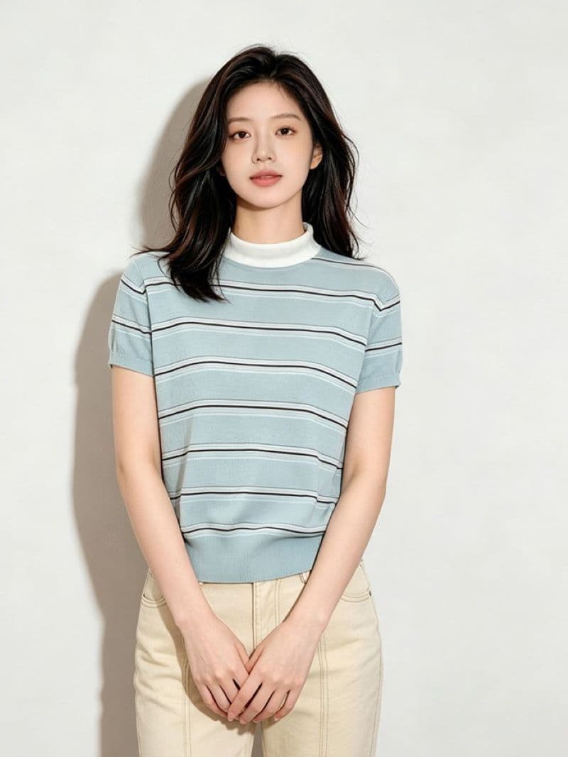 한 부서 배색 스트라이프 라운드 넥 반팔 니트 스웨터 여성 여름 새로운 몸매 가꾸기 슬림해 보이는 패션 캐주얼 다용도 맨위 상세 이미지 4