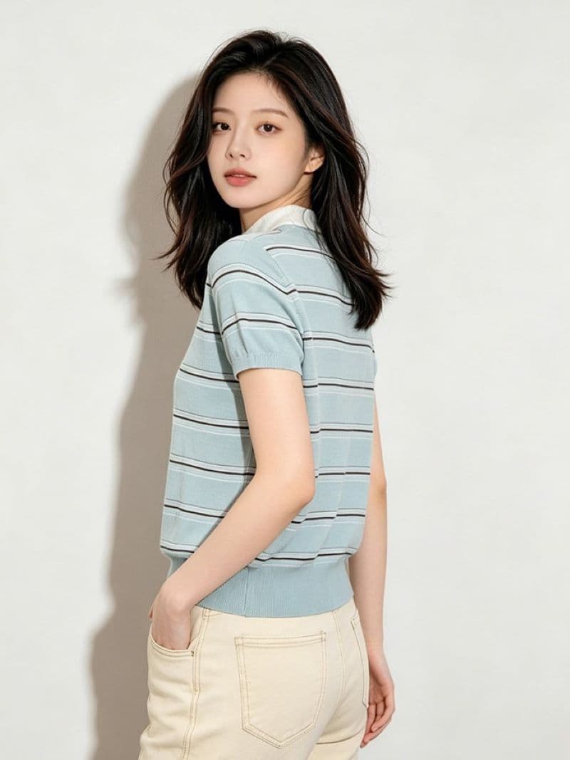 한 부서 배색 스트라이프 라운드 넥 반팔 니트 스웨터 여성 여름 새로운 몸매 가꾸기 슬림해 보이는 패션 캐주얼 다용도 맨위 상세 이미지 5