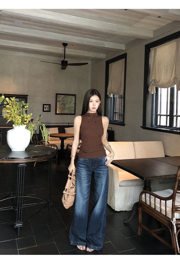 순수한 욕망 칸 기사 단추 라운드 넥 민소매 니트 스웨터 2026 여름 몸매 가꾸기 슬림해 보이는 핫걸 섹시함 다용도 맨위 상세 이미지 2