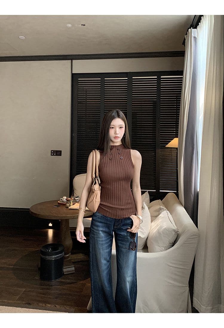 순수한 욕망 칸 기사 단추 라운드 넥 민소매 니트 스웨터 2026 여름 몸매 가꾸기 슬림해 보이는 핫걸 섹시함 다용도 맨위 상세 이미지 4