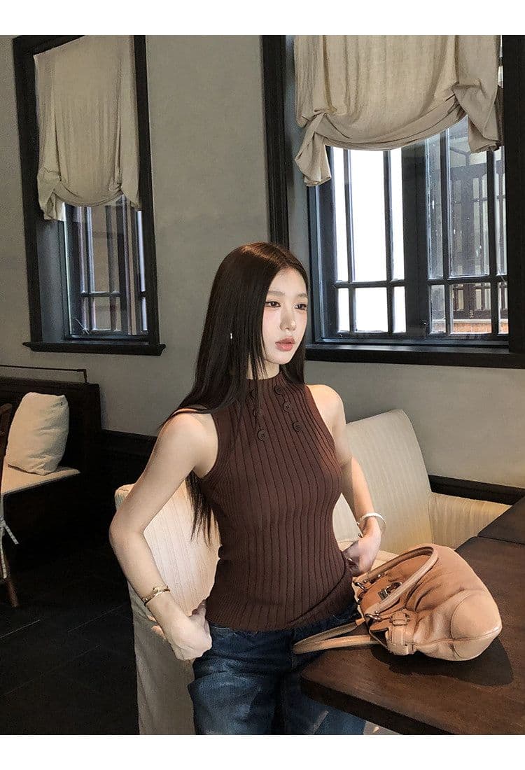 순수한 욕망 칸 기사 단추 라운드 넥 민소매 니트 스웨터 2026 여름 몸매 가꾸기 슬림해 보이는 핫걸 섹시함 다용도 맨위 상세 이미지 5