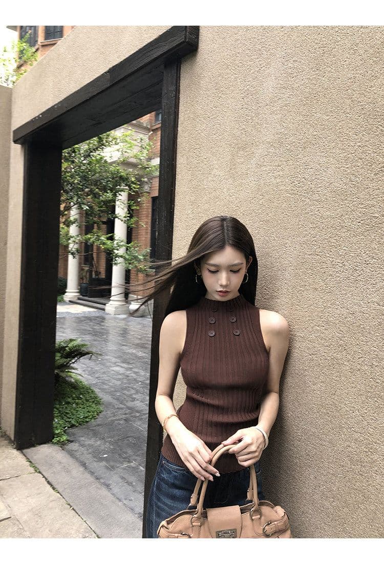 순수한 욕망 칸 기사 단추 라운드 넥 민소매 니트 스웨터 2026 여름 몸매 가꾸기 슬림해 보이는 핫걸 섹시함 다용도 맨위 상세 이미지 6