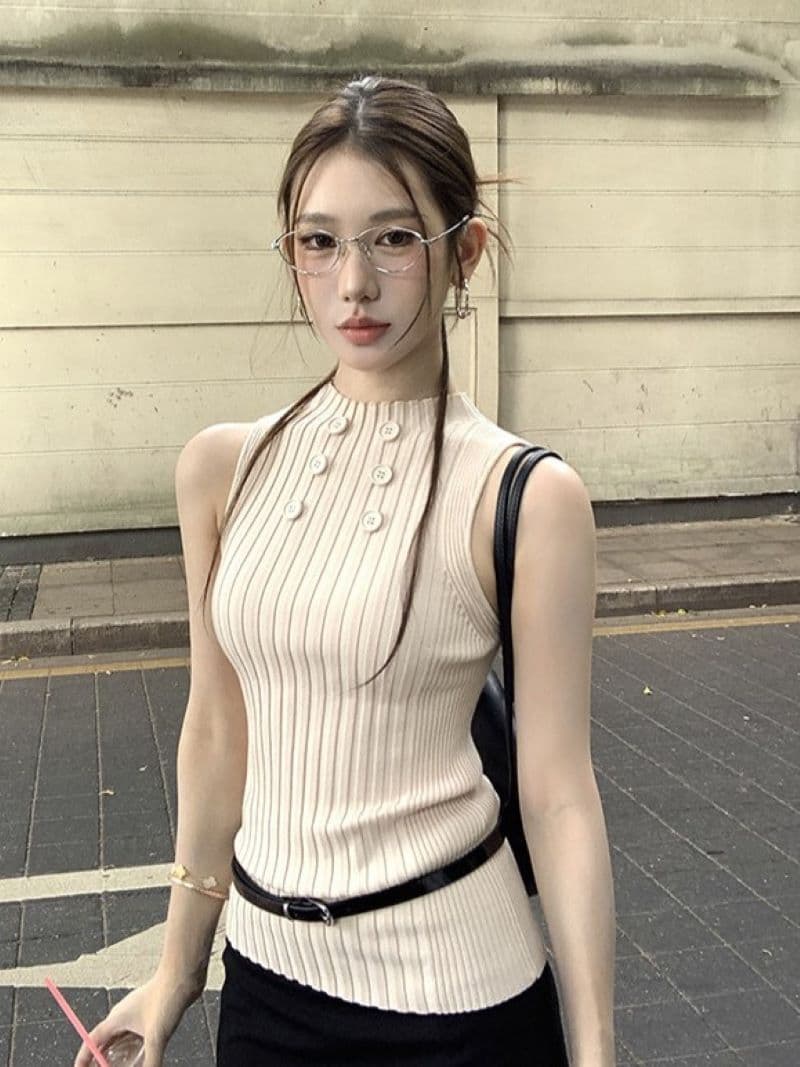 순수한 욕망 칸 기사 단추 라운드 넥 민소매 니트 스웨터 2026 여름 몸매 가꾸기 슬림해 보이는 핫걸 섹시함 다용도 맨위 상세 이미지 24