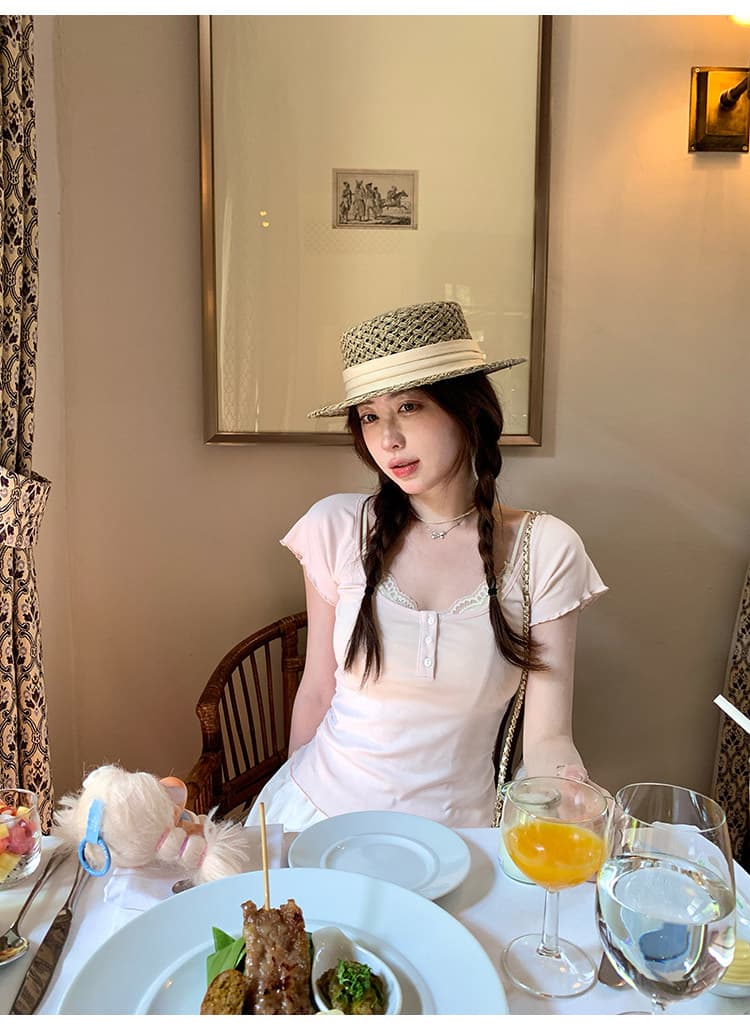 ptonumi 구름 슈 푸 새싹 기타 색상 대 u 칼라 프릴 반팔 티셔츠 여성 여름 순수한 욕망 슬림해 보이는 맨위 상세 이미지 16