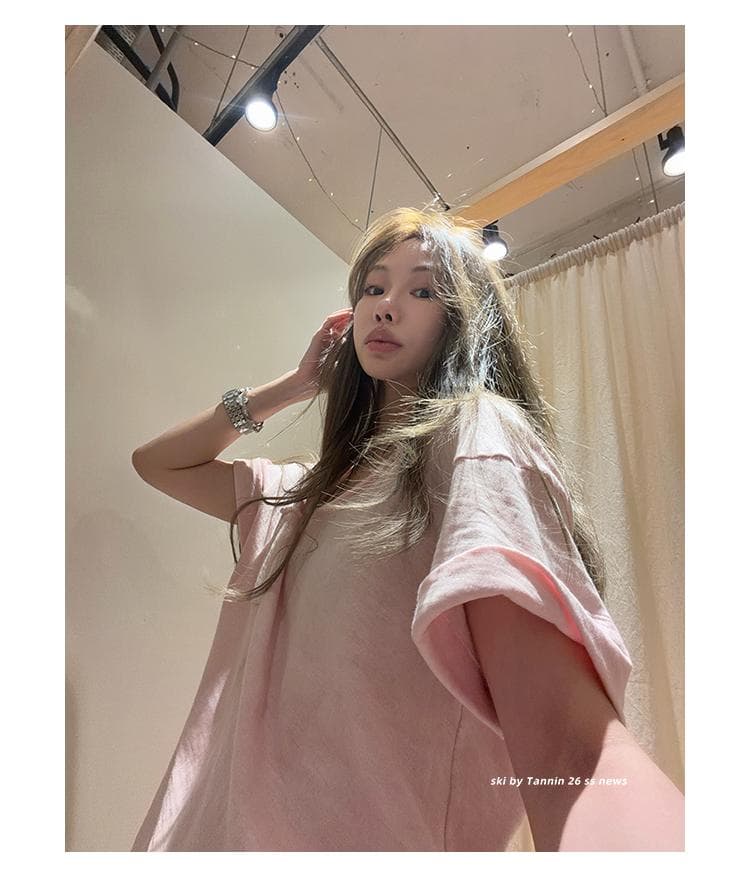 대나무 마디 면 활력 연령 감소 티셔츠 통기성 V넥 반팔 루즈핏 볼륨 측면 주머니 tee 상세 이미지 27