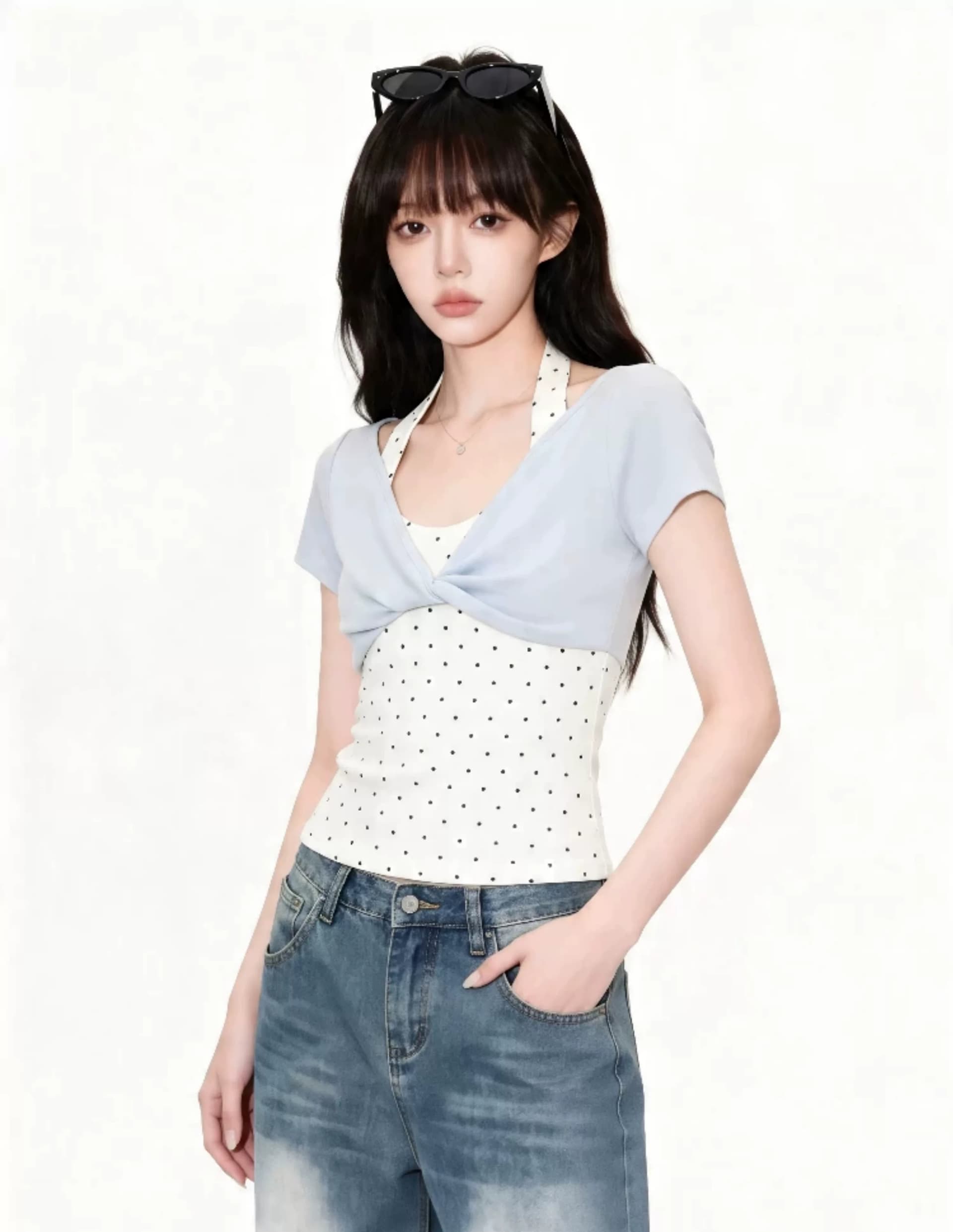 40 순면 한 부서 행침 목 페이크 레이어드 도트 무늬 티셔츠 여성 여름 섹션 달콤한 핫걸 Chic 비틀림 디스플레이 얇고 작은 맨위 상세 이미지 2