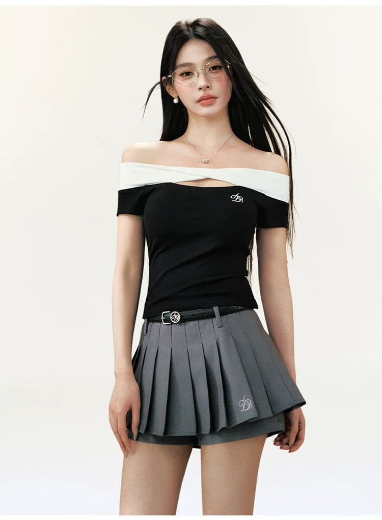 한 부서 비틀림 홀로우 아웃 보트넥 반팔 여성 여름 착용 가져 가라. 핫걸 바람 오프숄더 티셔츠 몸매 가꾸기 슬림해 보이는 맨위 트렌디 상세 이미지 2