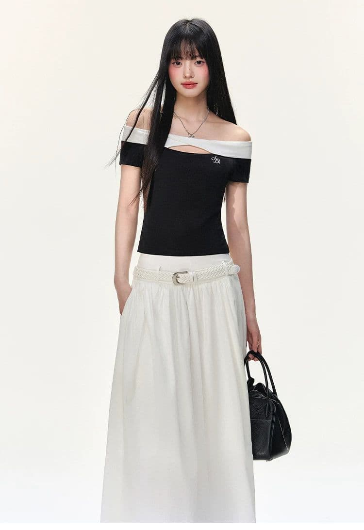한 부서 비틀림 홀로우 아웃 보트넥 반팔 여성 여름 착용 가져 가라. 핫걸 바람 오프숄더 티셔츠 몸매 가꾸기 슬림해 보이는 맨위 트렌디 상세 이미지 3