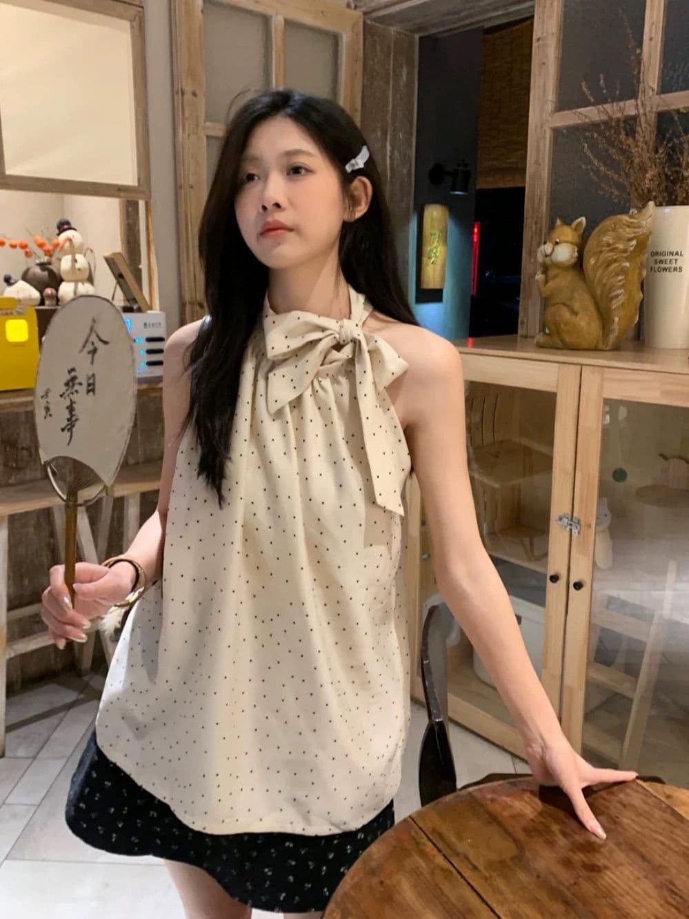 있음 네리 행침 목 캐미솔 여성 의류 여름 루즈핏 캐주얼 Chic 도트 무늬 맨위