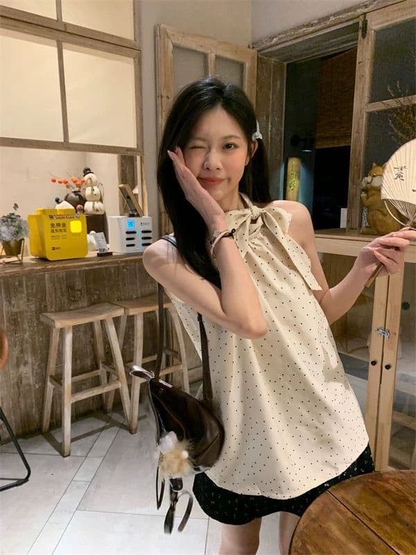 있음 네리 행침 목 캐미솔 여성 의류 여름 루즈핏 캐주얼 Chic 도트 무늬 맨위 이미지 4