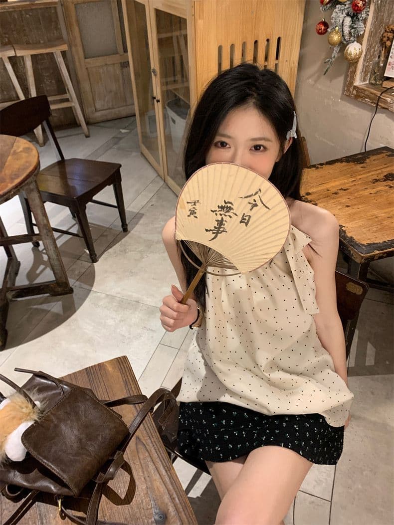 있음 네리 행침 목 캐미솔 여성 의류 여름 루즈핏 캐주얼 Chic 도트 무늬 맨위 상세 이미지 1
