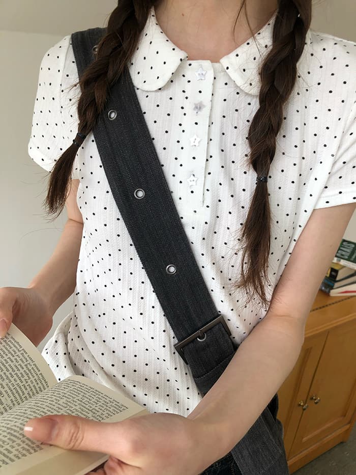 rainy 한 부서 달콤한 미적 감각 베이비 칼라 티셔츠 여름 여성 POLO 칼라 도트 무늬 별 버클 연령 감소 반팔 맨위 상세 이미지 2