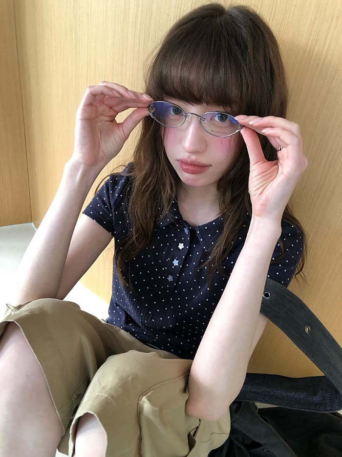 rainy 한 부서 달콤한 미적 감각 베이비 칼라 티셔츠 여름 여성 POLO 칼라 도트 무늬 별 버클 연령 감소 반팔 맨위 상세 이미지 16