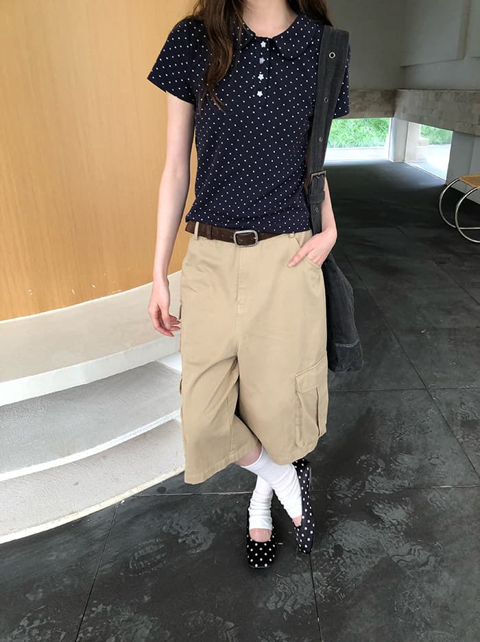 rainy 한 부서 달콤한 미적 감각 베이비 칼라 티셔츠 여름 여성 POLO 칼라 도트 무늬 별 버클 연령 감소 반팔 맨위 상세 이미지 19