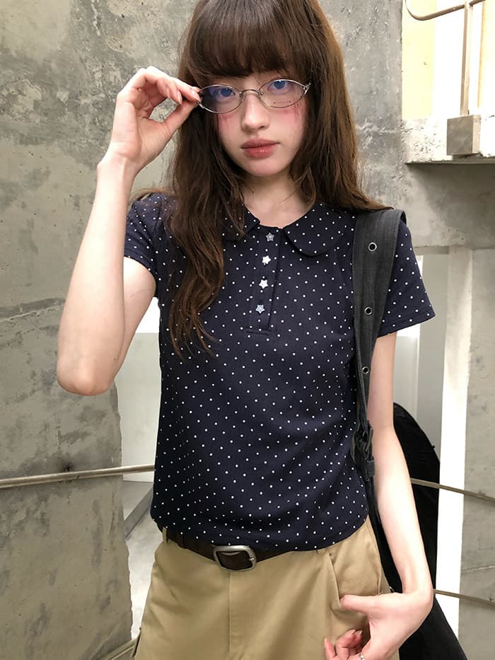 rainy 한 부서 달콤한 미적 감각 베이비 칼라 티셔츠 여름 여성 POLO 칼라 도트 무늬 별 버클 연령 감소 반팔 맨위 상세 이미지 21
