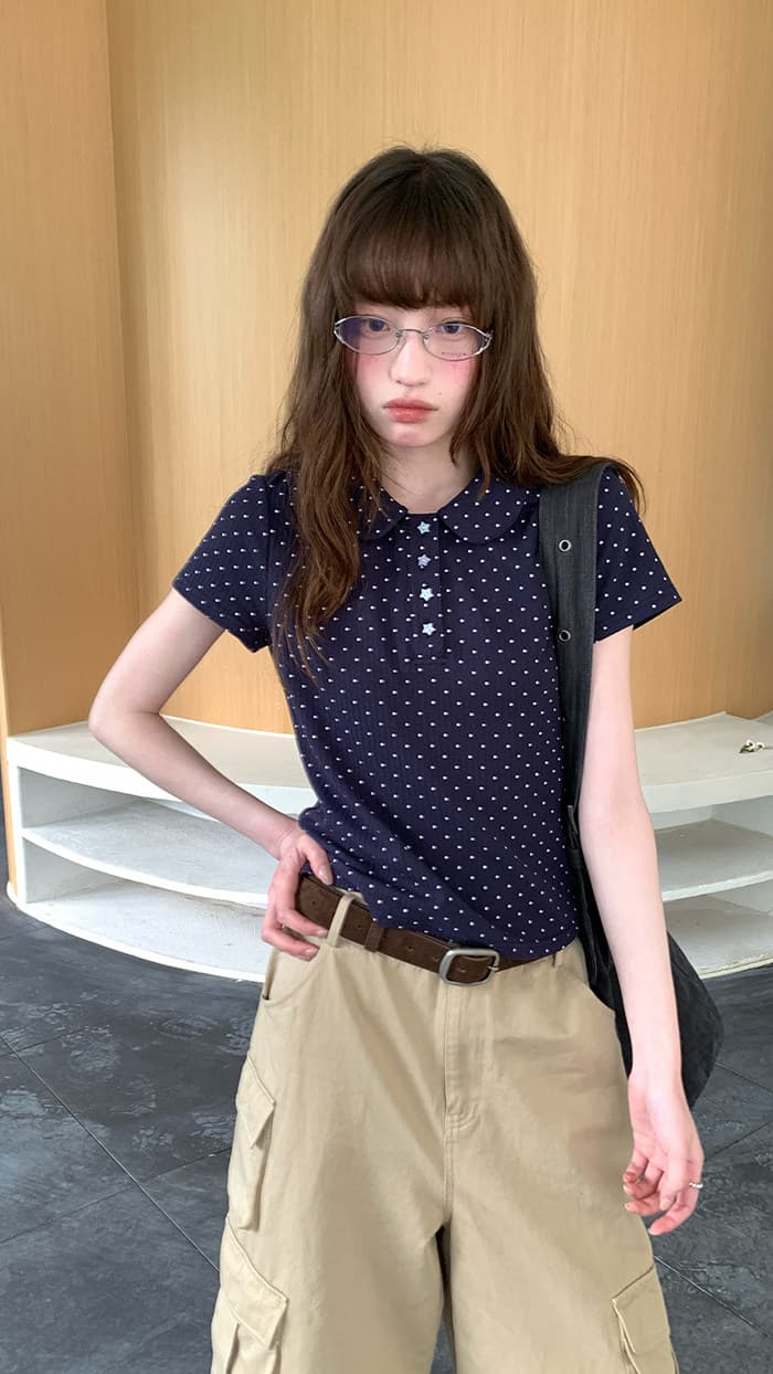 rainy 한 부서 달콤한 미적 감각 베이비 칼라 티셔츠 여름 여성 POLO 칼라 도트 무늬 별 버클 연령 감소 반팔 맨위 상세 이미지 22